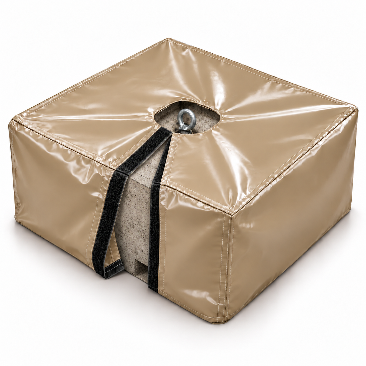 Beige PVC ballast block cover with hook-and-loop closure open