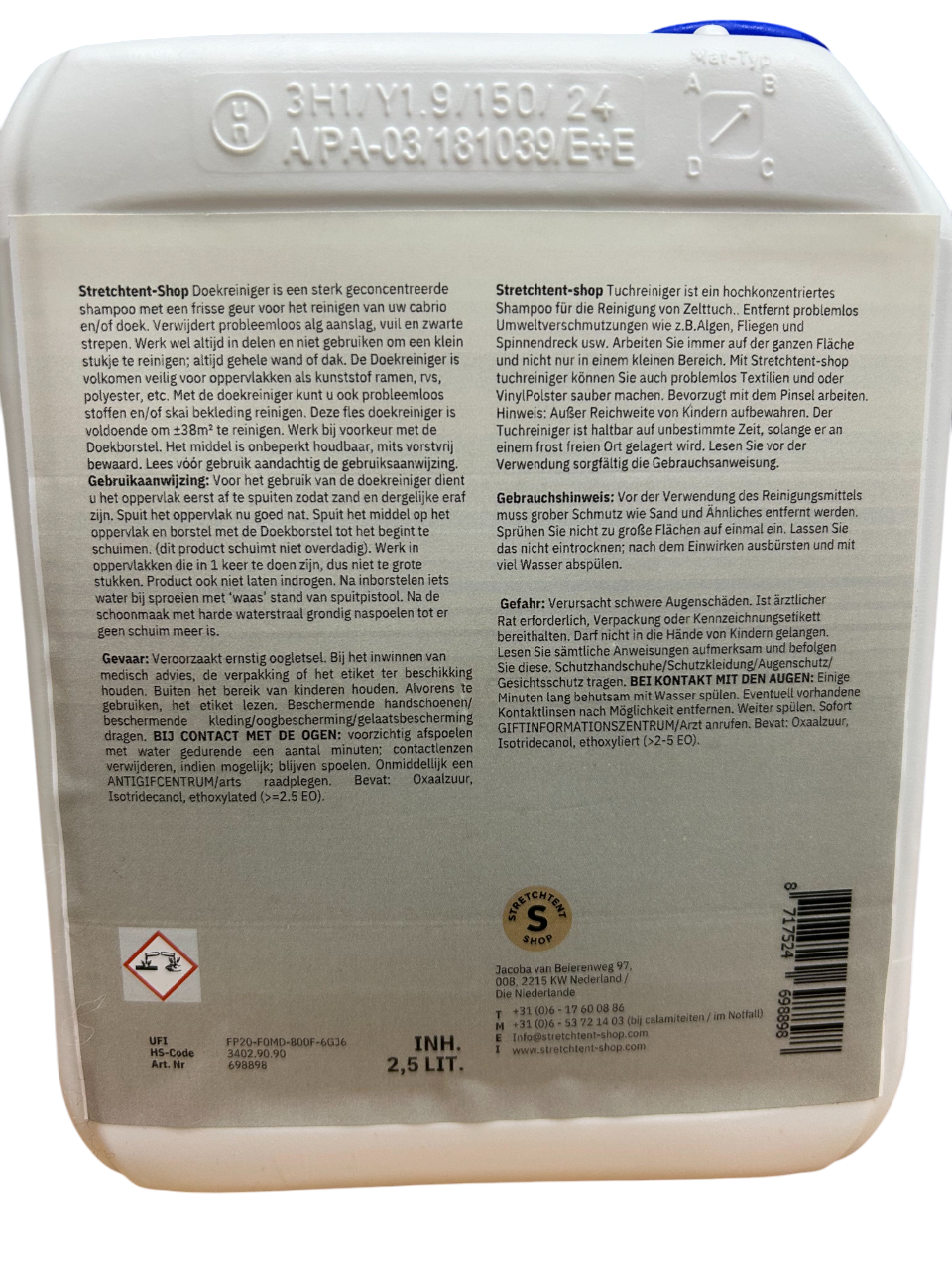 stretchtent schoonmaakmiddel 2,5 liter etiket achterkant