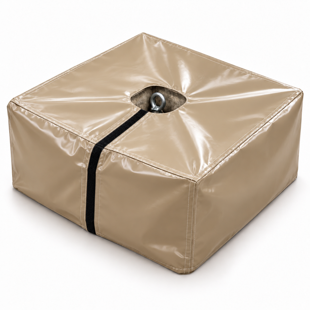 Beige PVC cover over a concrete ballast block with opening for the lifting eye