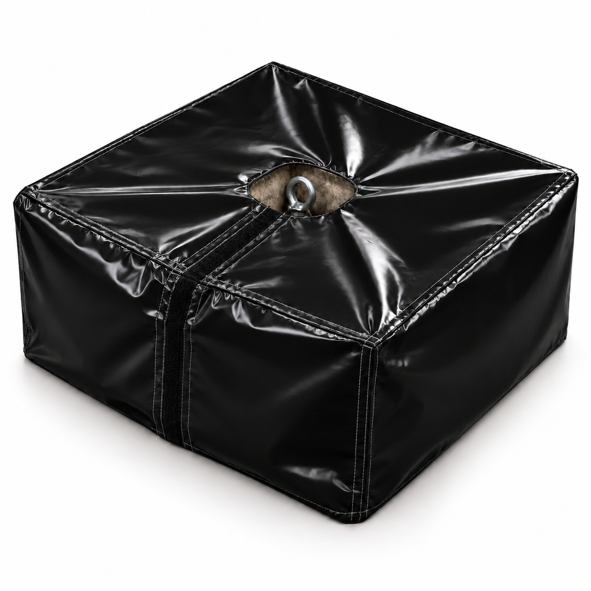 Black PVC cover over a concrete ballast block with opening for the lifting eye