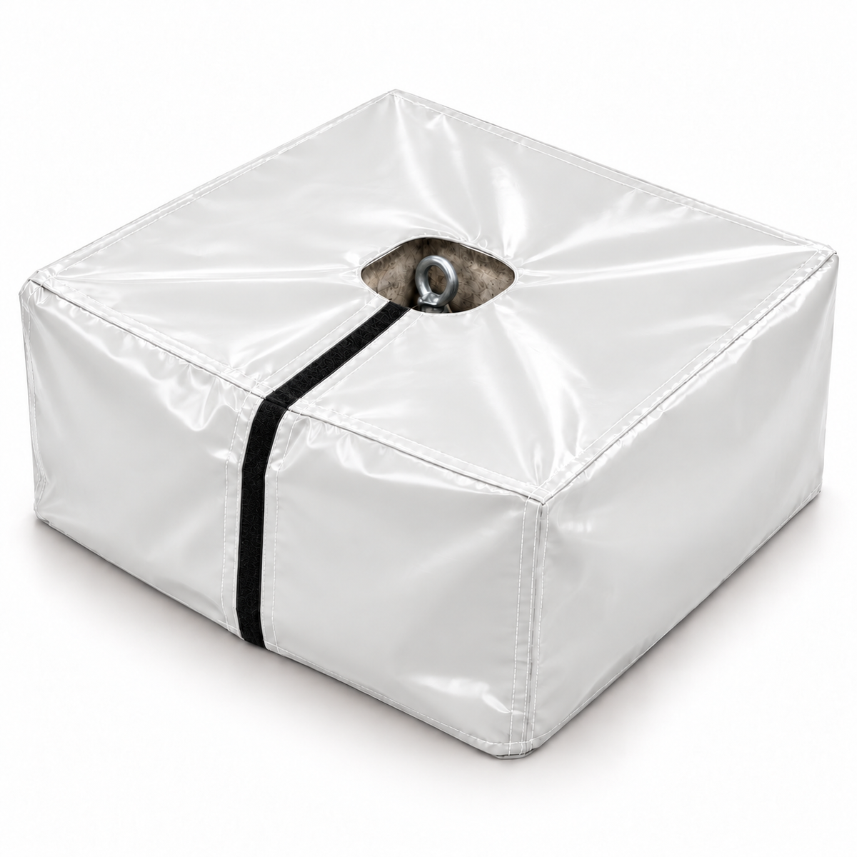White PVC cover over a concrete ballast block with opening for the lifting eye