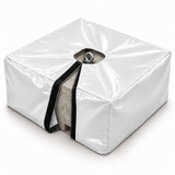 White PVC ballast block cover with hook-and-loop closure open